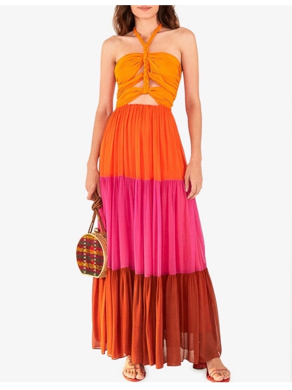 Farm Rio Women's Macaw Scarf Warm Color Blocking Maxi Dress - Picture 8 of 8